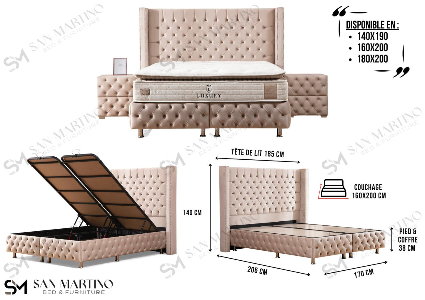 Lit coffre CLOUTE beige
