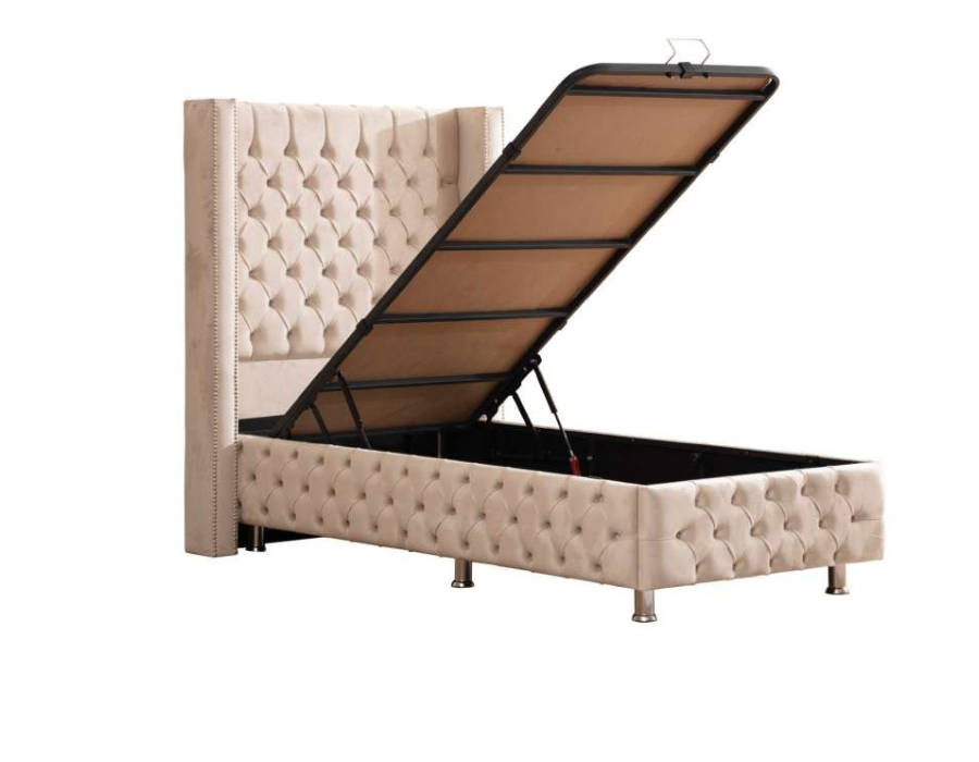 Lit coffre CLOUTE Beige 90x190cm (Velours)